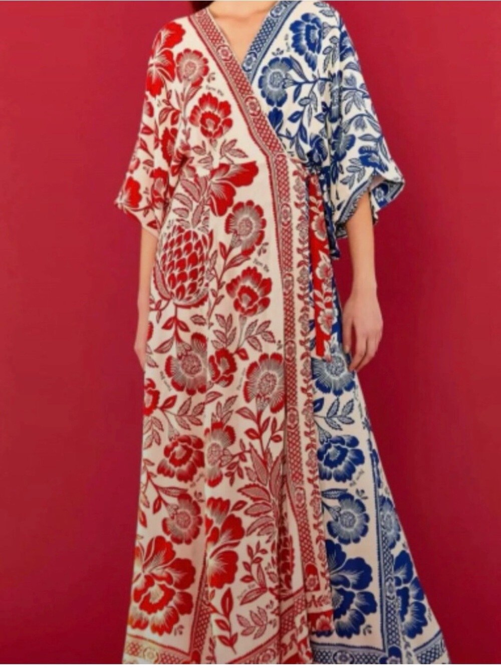 Farm Rio mixed pineapple dress red white blue floral wrap dress